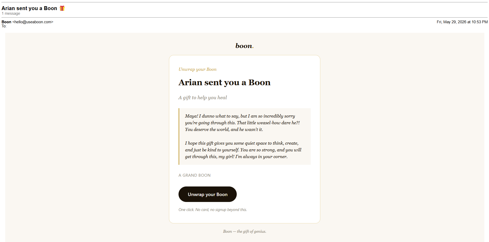 The Boon gift email as it appears in a recipient's inbox.