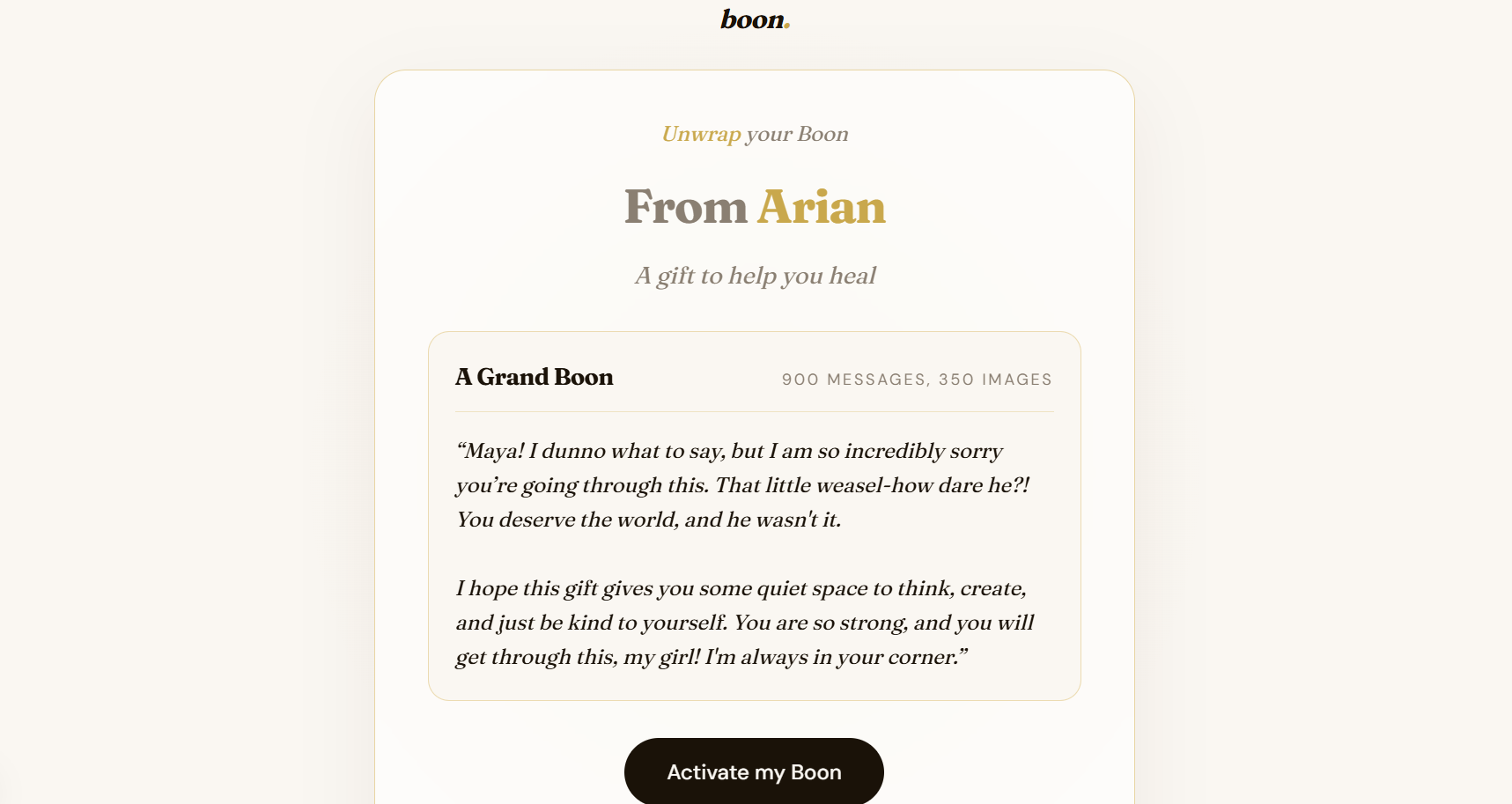The Boon unwrap page showing the personal message and gift size.